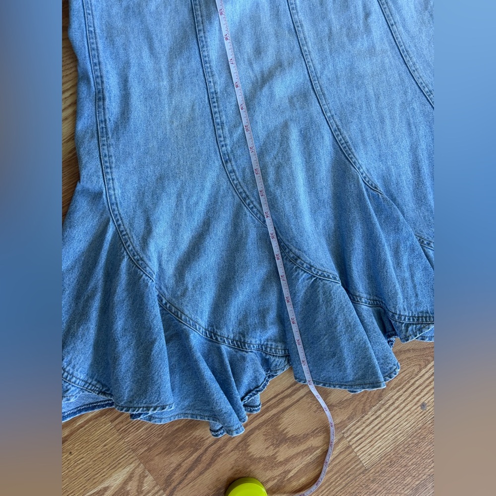 Vintage Denim Midi Skirt 90s Blue Jean Flounce Hem Skirt | Elastic Waist Size M - Picture 6 of 6